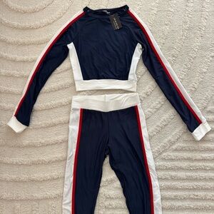 Fashion Nova Navy and White Athletic Set with Red Stripes NWT